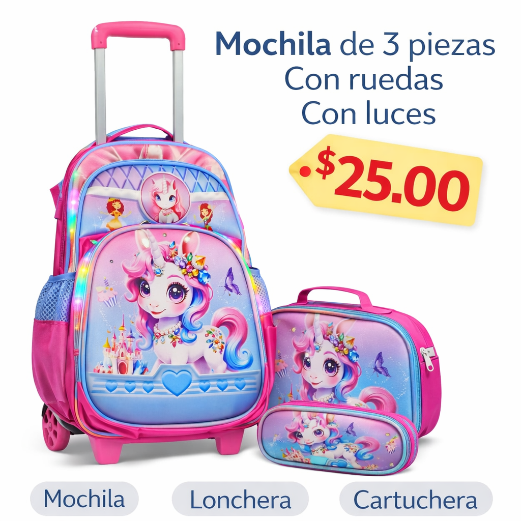 MOCHILA ESCOLAR 3 PIEZAS  LUCES Y RUEDAS