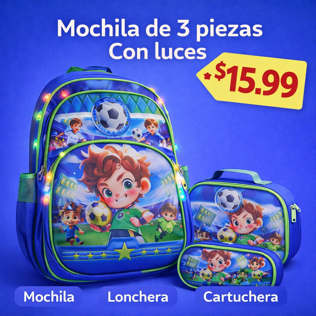 MOCHILA ESCOLAR 3 PIEZAS CON LUCES
