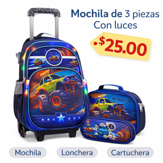 MOCHILA ESCOLAR 3 PIEZAS CON RUEDAS