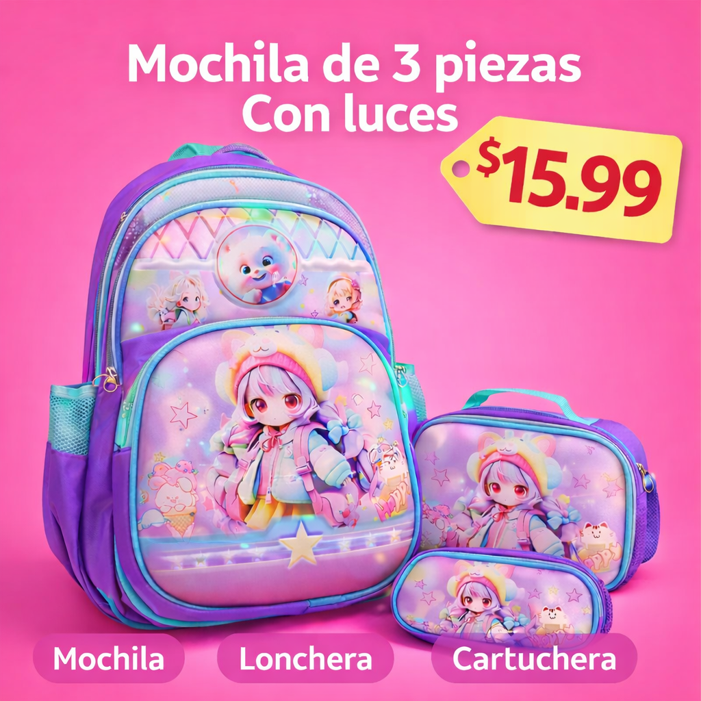 MOCHILA ESCOLAR 3 PIEZAS CON LUCES