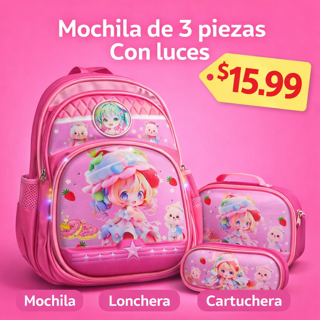 MOCHILA ESCOLAR 3 PIEZAS CON LUCES