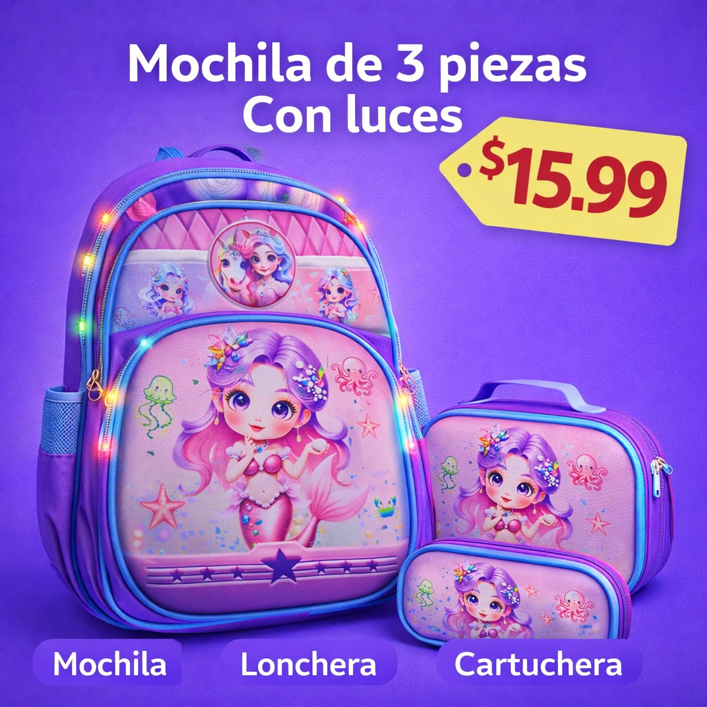 MOCHILA ESCOLAR 3 PIEZAS CON LUCES