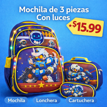 MOCHILA ESCOLAR 3 PIEZAS CON LUCES