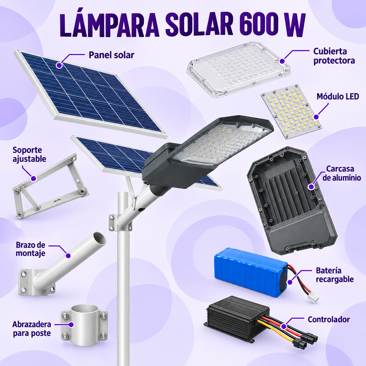 LAMPARA DE POSTA CON PANEL SOLAR 600 WATTS - Imagen 2