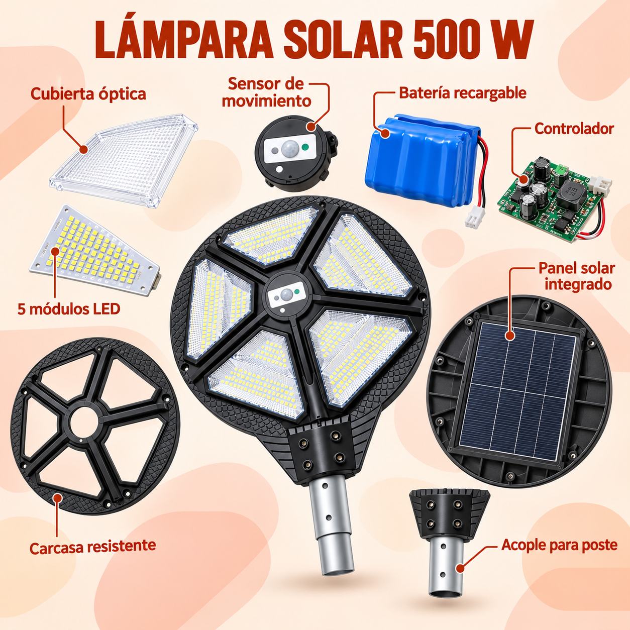 LAMPARA CON PANEL SOLAR 500 WATTS - Imagen 3